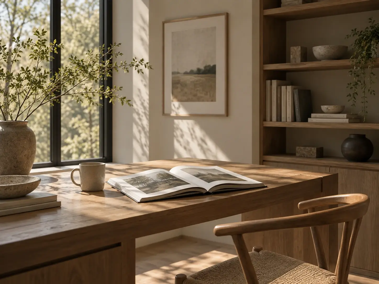 Minimalist Nordic interior with architectural books and a view